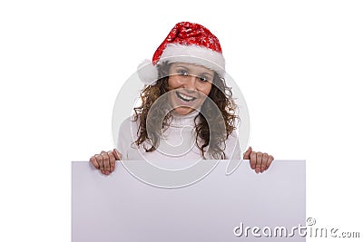 Woman in Christmas cap holding blank informational Stock Photo