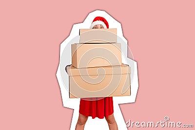 Woman in christmas hat holding christmas present in front of face. Magazine collage style with trendy color background. holidays Stock Photo