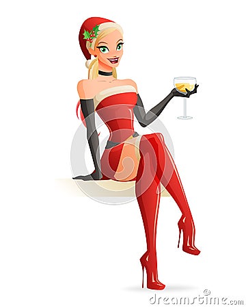 Woman in Christmas Santa costume sitting with champagne. Vector illustration. Vector Illustration