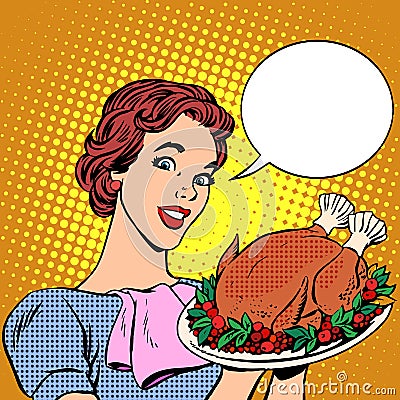 Woman with a Christmas Turkey thanksgiving Vector Illustration