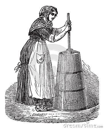 Woman churning butter with ordinary plunger vintage engraving Vector Illustration