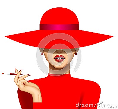 Woman with a cigarette in red hat and evening dress Vector Illustration