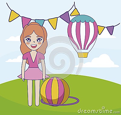 woman circus with ball and balloon air hot Cartoon Illustration