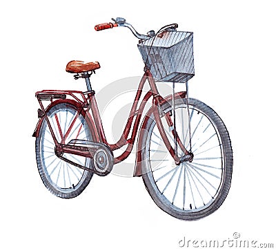 Woman city bicycle. Watercolor illustration isolated Cartoon Illustration