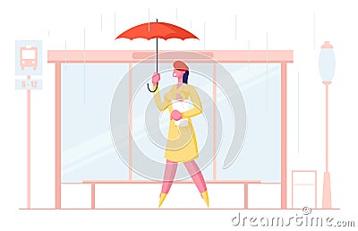 Woman City Dweller Holding Umbrella and Bread Stand on Bus Stop Waiting Transport in Rain on Urban Background Vector Illustration