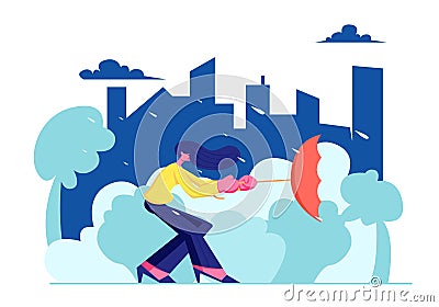 Woman City Dweller Holding Umbrella Turned Inside Out in Strong Wind with Rain on Urban View Landscape Background. Spring Vector Illustration