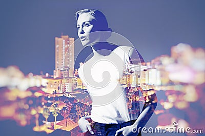 Woman, city and night with double exposure, thinking and fashion for outdoor adventure, tourism and freedom. Girl Stock Photo