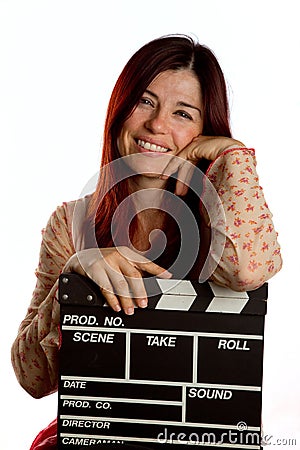 Woman with clapperboard Stock Photo