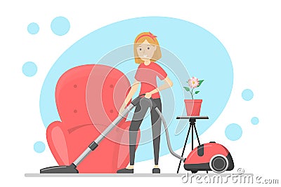 Woman clean the house with vacuum cleaner Vector Illustration