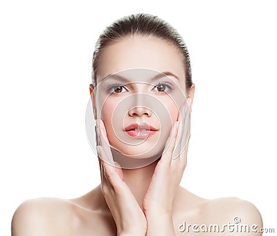 Woman with Clean Skin Touching her Hand Her Face. Spa Beauty Stock Photo