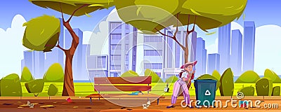 Woman clean up city park. Girl collect garbage Vector Illustration