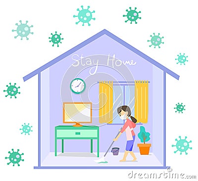 A woman clean up floor in her home quarantine from covid-19 concept. Vector Illustration