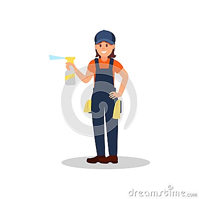 Woman cleaner with spray bottle of cleaning liquid and rags. Young smiling girl in working uniform. Flat vector design Vector Illustration