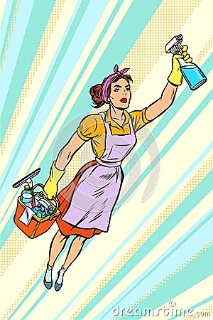 Woman cleaner, superhero flying. service Vector Illustration