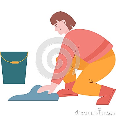 Woman cleaning home vector washing floor icon Stock Photo