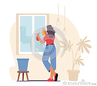 Woman Cleaning Home Wiping Window with Wet Rag and Sprayer. Female Character Household Activity, Housekeeping Process Vector Illustration