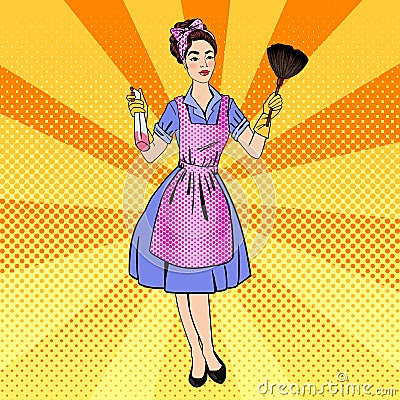 Woman Cleaning the House. Girl Doing House Work Vector Illustration