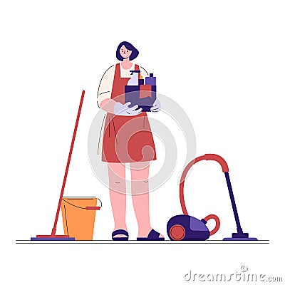 Woman cleaning service with cleaning equipment. Housemaid housewife standing. Vector illustration in flat style Vector Illustration