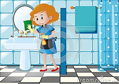 Woman cleaning sink in the toilet Vector Illustration