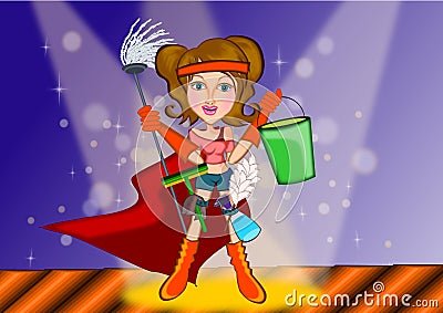 Woman cleaning in superhero concept Cartoon Illustration