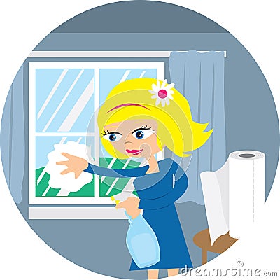 Woman Cleaning Window Vector Illustration