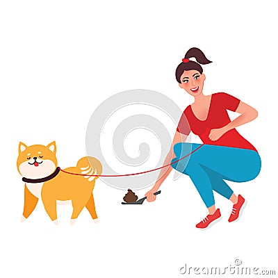 A woman cleans dog excrement of a special shovel. The concept of cleaning feces while walking dogs. Vector illustration of Pets Vector Illustration