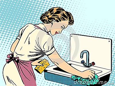 Woman cleans kitchen sink cleanliness housewife Vector Illustration