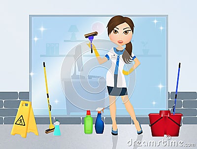 Woman cleans windows Cartoon Illustration