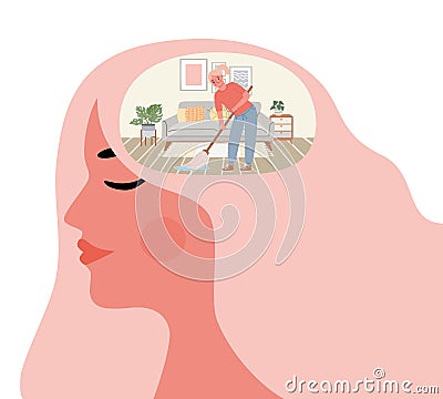 Woman cleanse mind. Mental cleaning in room inside head. Health and wellbeing lifestyle. Self improvement and personal Vector Illustration