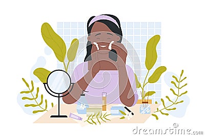 Woman cleansing skin in everyday beauty procedure, girl touching face to clean makeup Vector Illustration