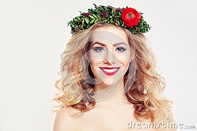 Woman with Clear Skin, Curly Hair and Flowers Wreath Stock Photo