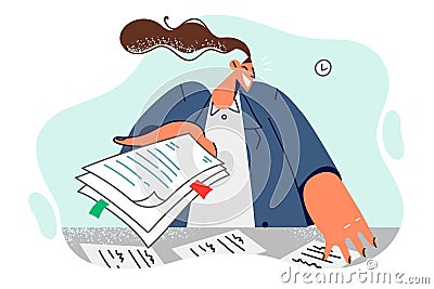 Woman clerk is doing paperwork in office standing near desk with documents and reports Vector Illustration