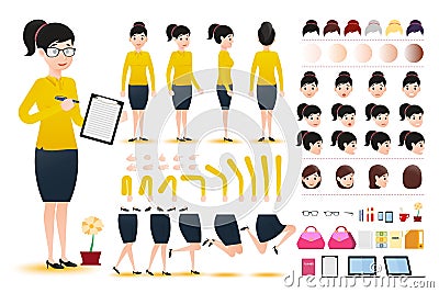 Woman Clerk Wearing Skirt Character Creation Kit Template with Different Facial Expressions Vector Illustration