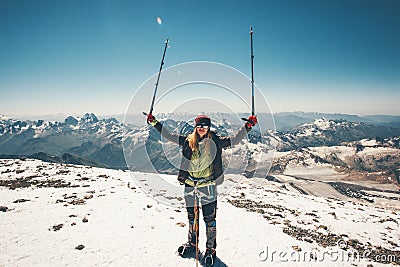 Woman climber reached Elbrus mountain summit Stock Photo