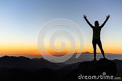 Woman climber success silhouette in mountains, achievement inspi Stock Photo