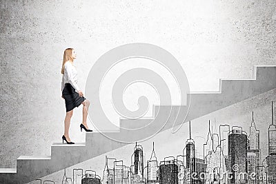 Woman climbing stairs, concrete wall Stock Photo