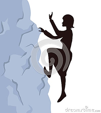 Woman climbs on the rock to the mountain top. Reaching the goal concept, vector illustration. Vector Illustration