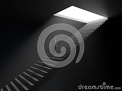 Woman climbs the stairs from darkness Stock Photo