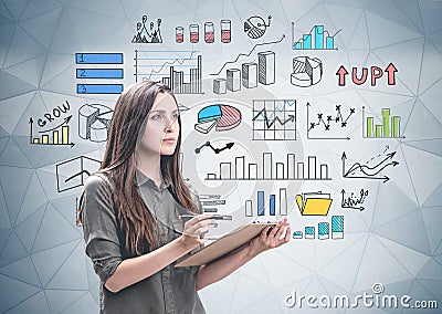 Woman with clipboard, colorful graphs Stock Photo