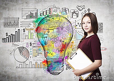 Woman with clipboard and light bulb sketch Stock Photo