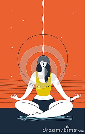 Woman with closed eyes does yoga exercise and meditates against abstract orange background. Concept of zen, serenity and Vector Illustration