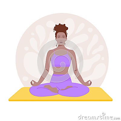 Woman with closed eyes in lotus pose. Girl practicing meditation. Concept of yoga, calm, concentration. Vector illustration, flat Vector Illustration