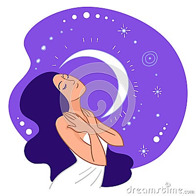Woman with closed eyes standing by crescent moon Vector Illustration