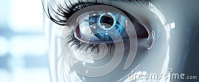 Closeup woman face person futuristic technology human robotic close eye close-up vision background portrait medical Stock Photo