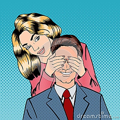 Woman closing her Man Eyes. Woman Surprises her Boyfriend Vector Illustration