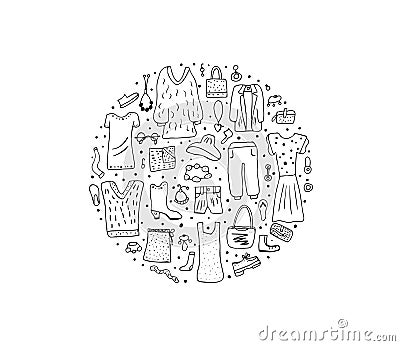 Woman clothes and accessories set in doodle style. Vector Illustration