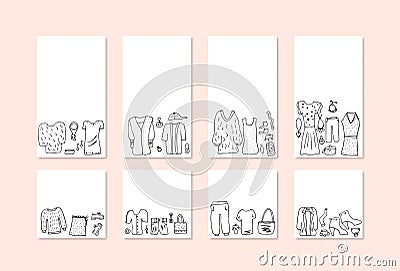 Woman clothes and accessories set in doodle style. Vector Illustration