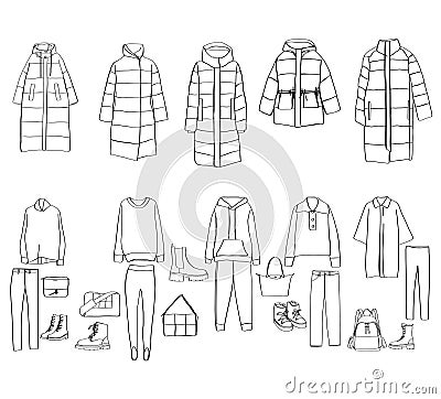 Woman clothes set. Sketch. Down jacket, sweater, sport suit, bag, shoes. Warm winter clothes Vector Illustration
