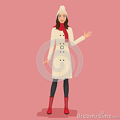 Woman in a coat, pom pom hat, red scarf and boots. Autumn or winter fashion. Vector illustration. Vector Illustration