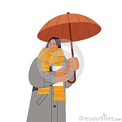 Woman in coat and scarf under open umbrella, protecting her from autumn rain. Person in warm clothes holding umbrela in Vector Illustration